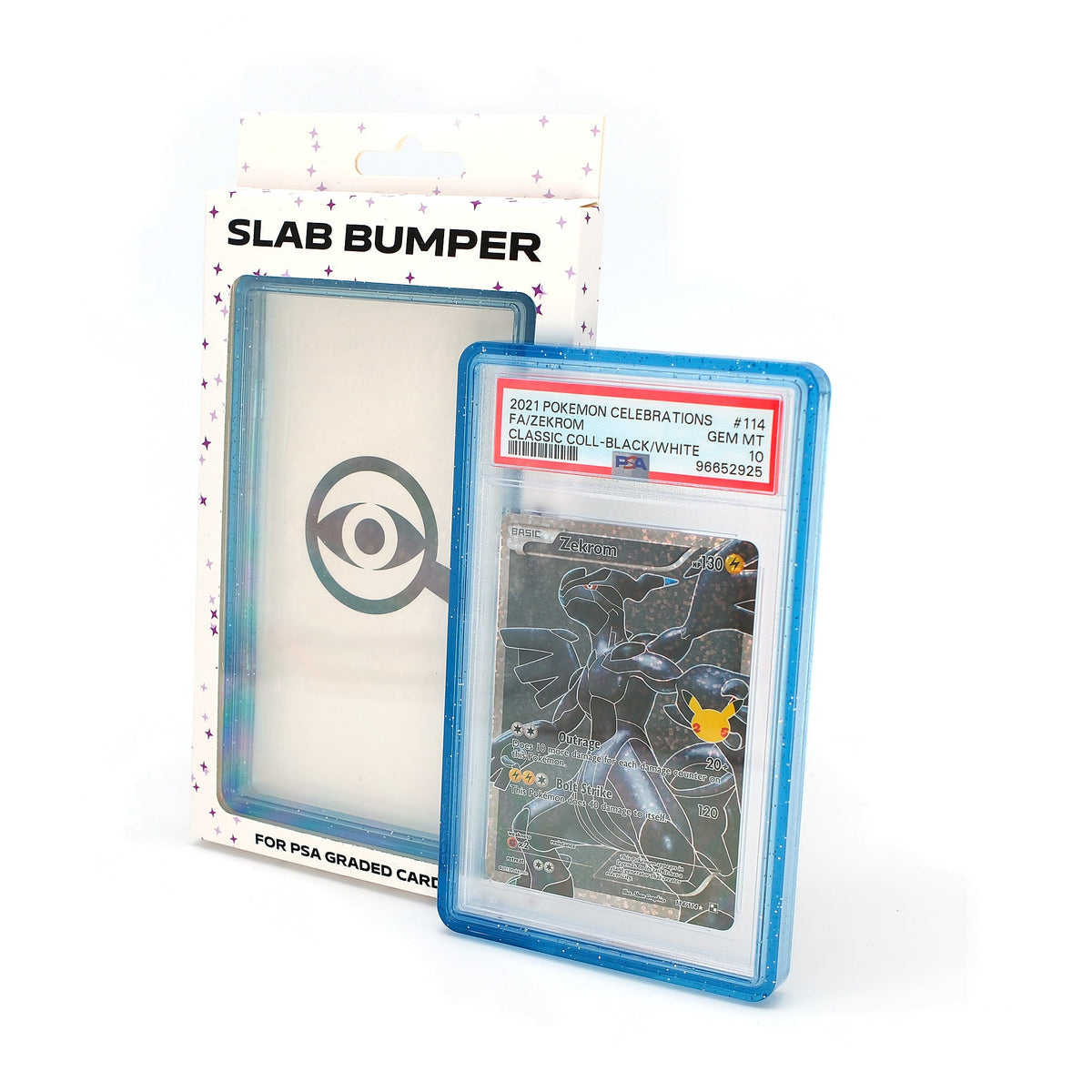 Espionage PSA Slab Bumper in Blue with its retail box and a graded card