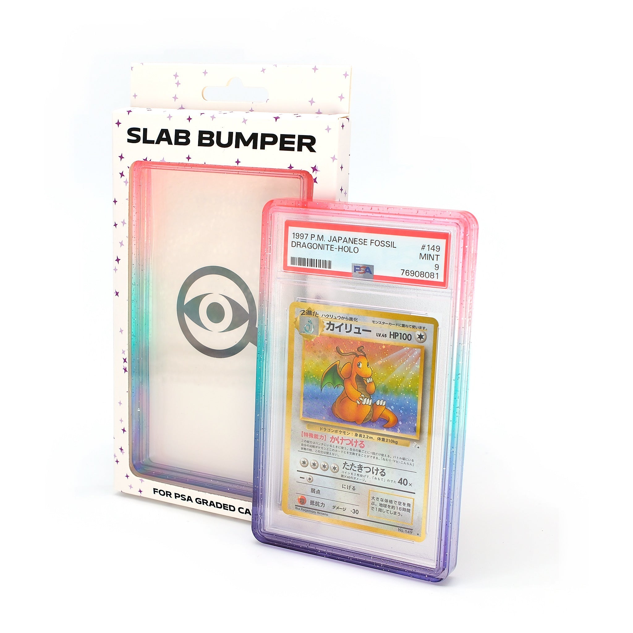 Espionage PSA Slab Bumper in Eclipse with its retail box and a graded card