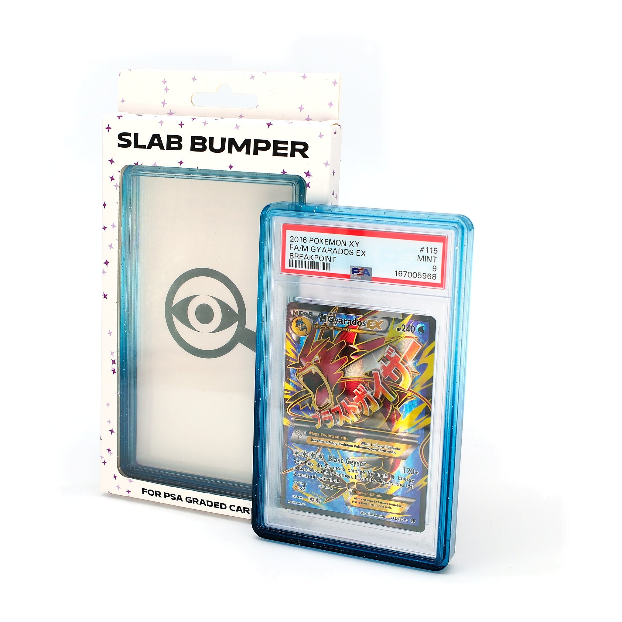 Espionage PSA Slab Bumper in Light Blue / Dark Blue with its retail box and a graded card