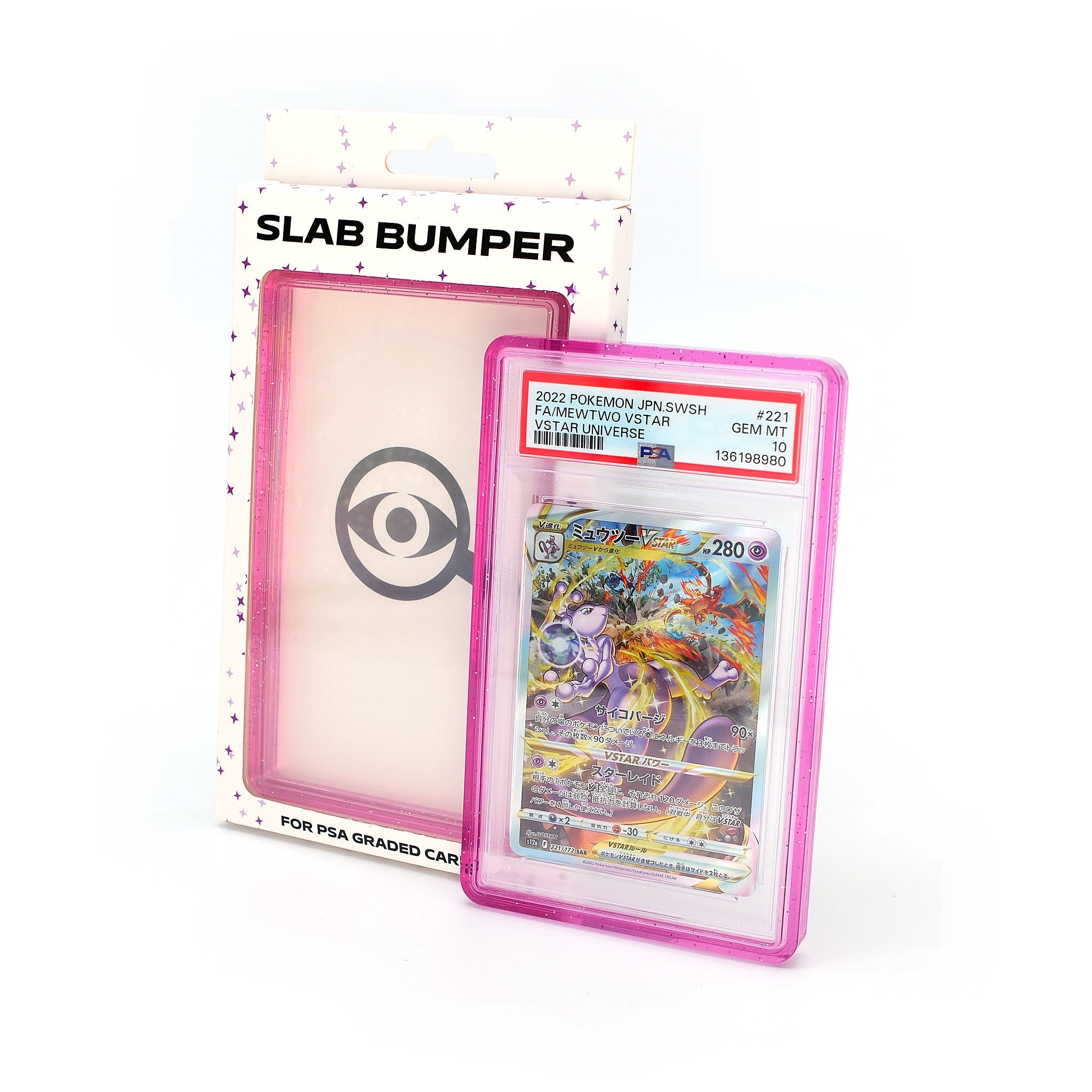 Espionage PSA Slab Bumper in Pink with its retail box and a graded card