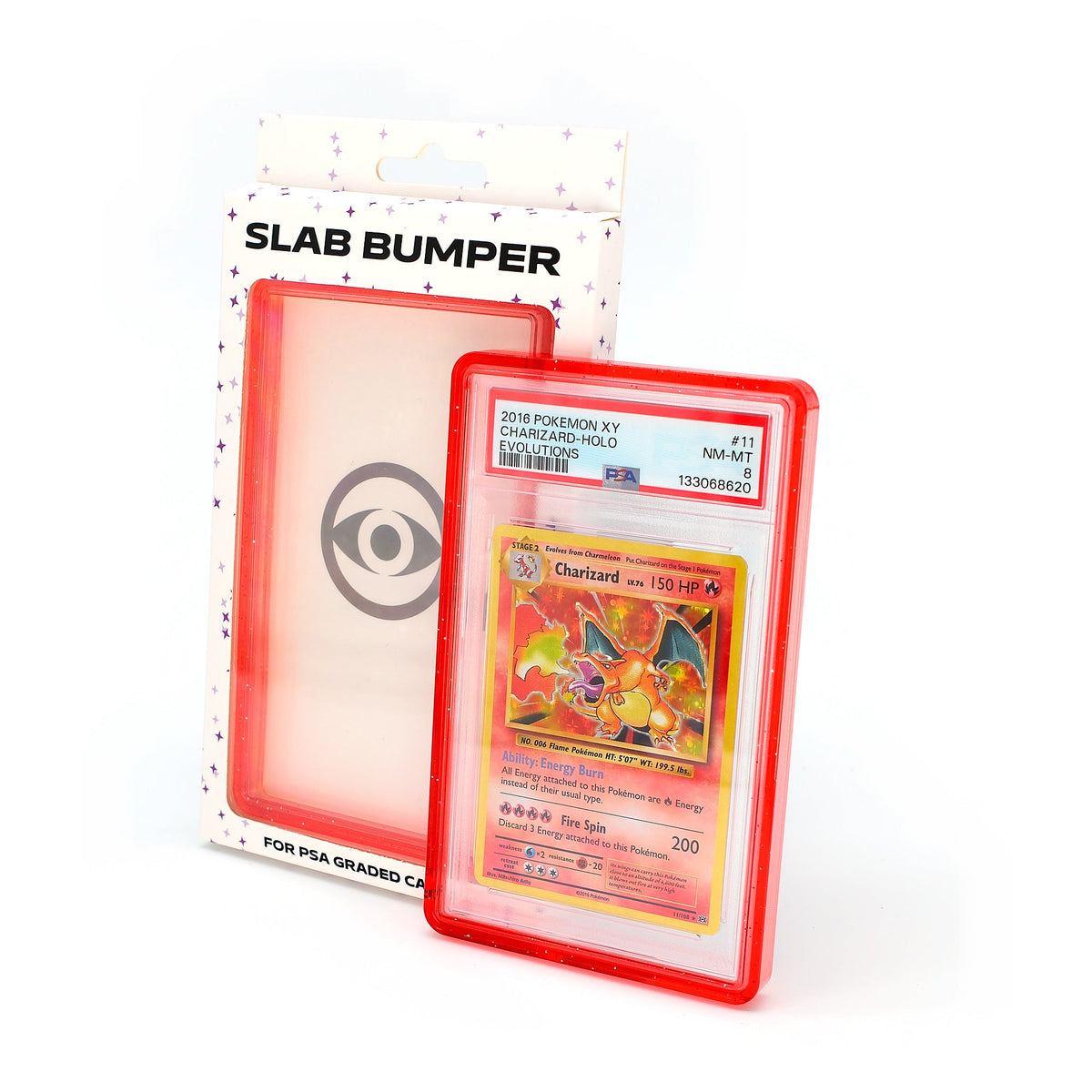Espionage PSA Slab Bumper in Red with its retail box and a graded card