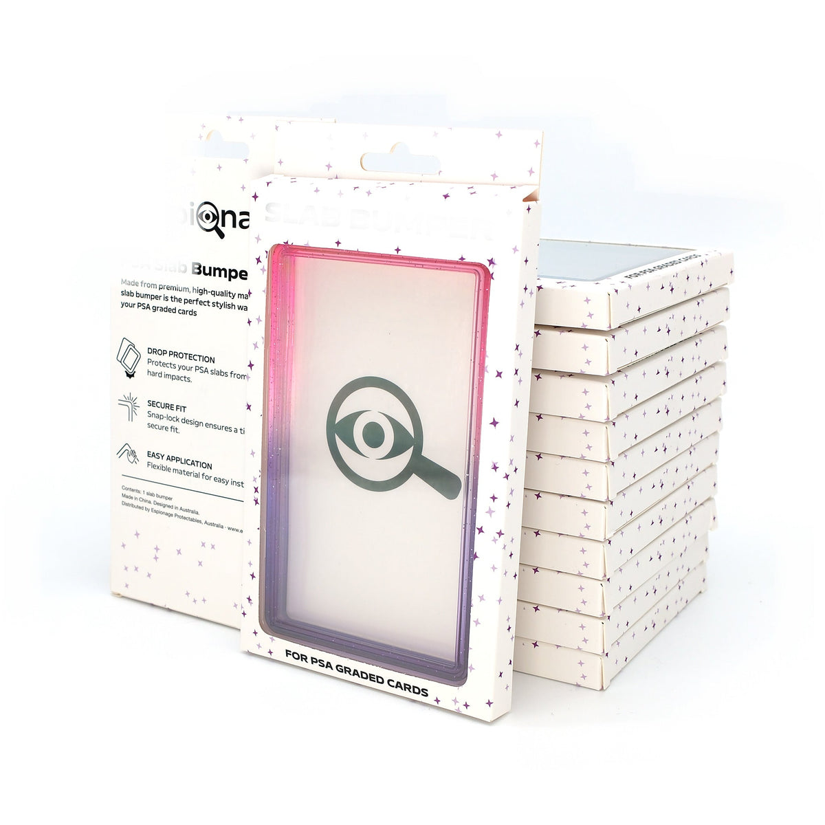Espionage PSA Slab Bumper retail box front and back with a stack of boxed units