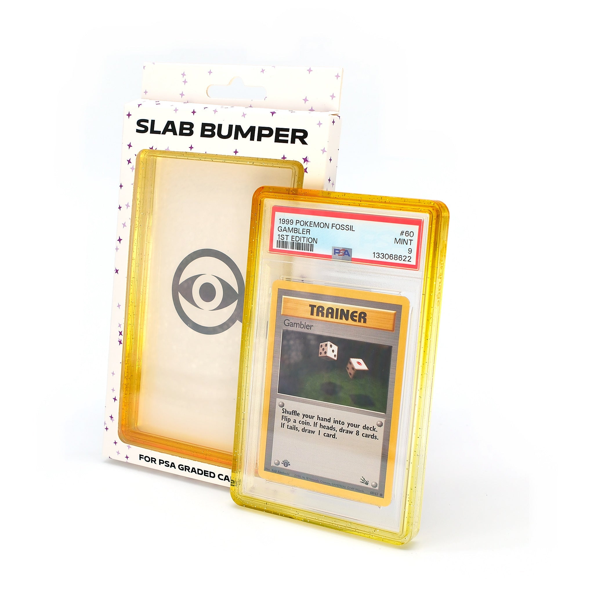 Espionage PSA Slab Bumper in Yellow with its retail box and a graded card