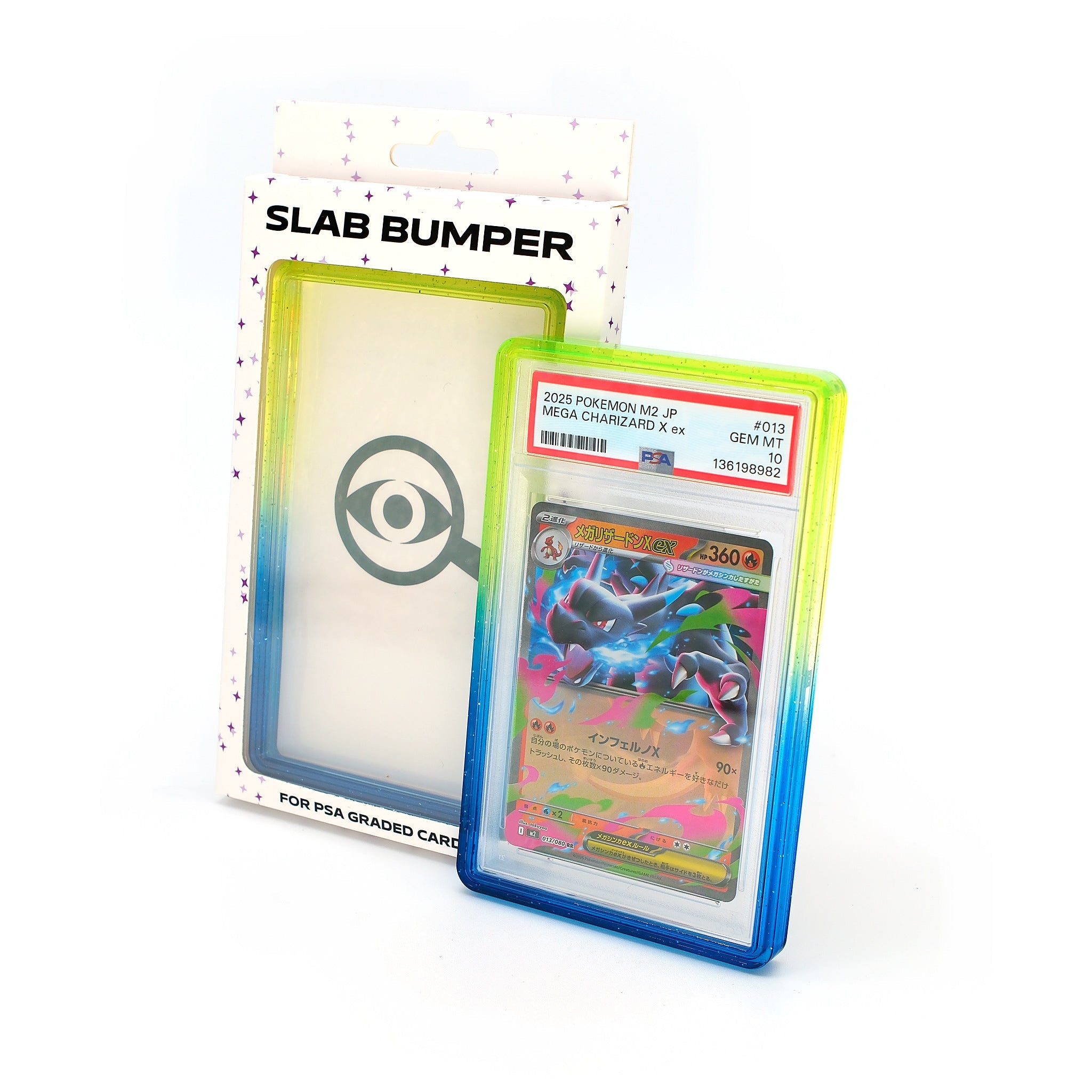 Espionage PSA Slab Bumper in Yellow / Blue with its retail box and a graded card