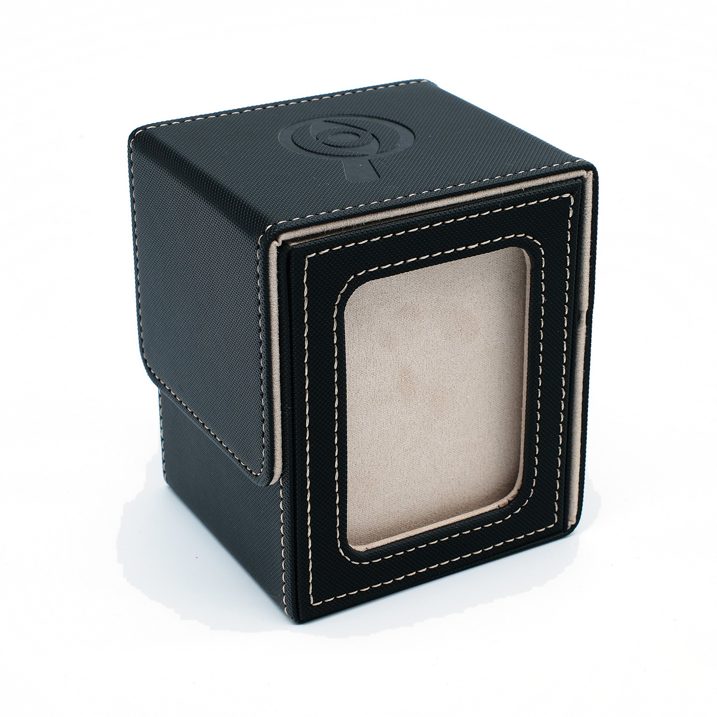 Black PU leather deck box with beige fabric lining and top loader display window