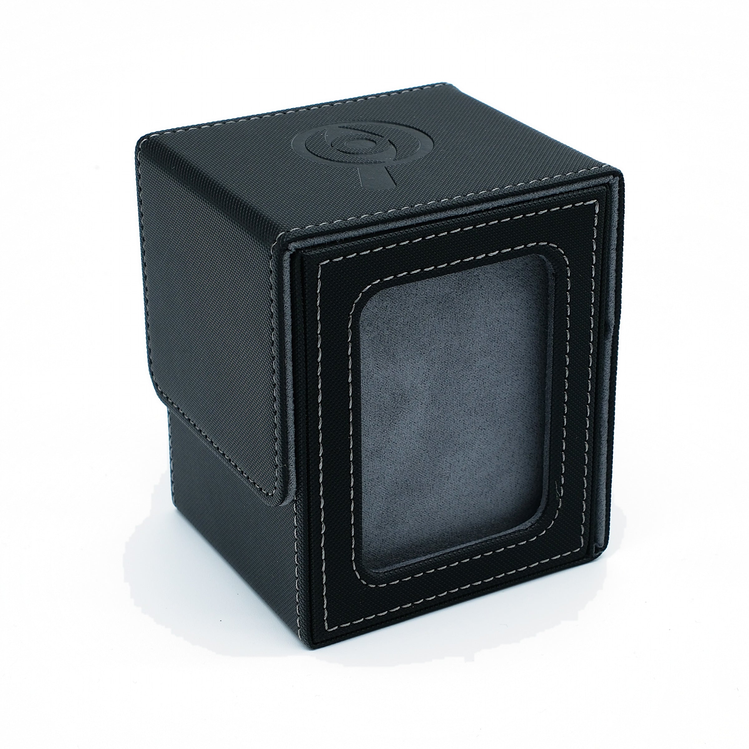 Black PU leather deck box with grey fabric lining and top loader display window