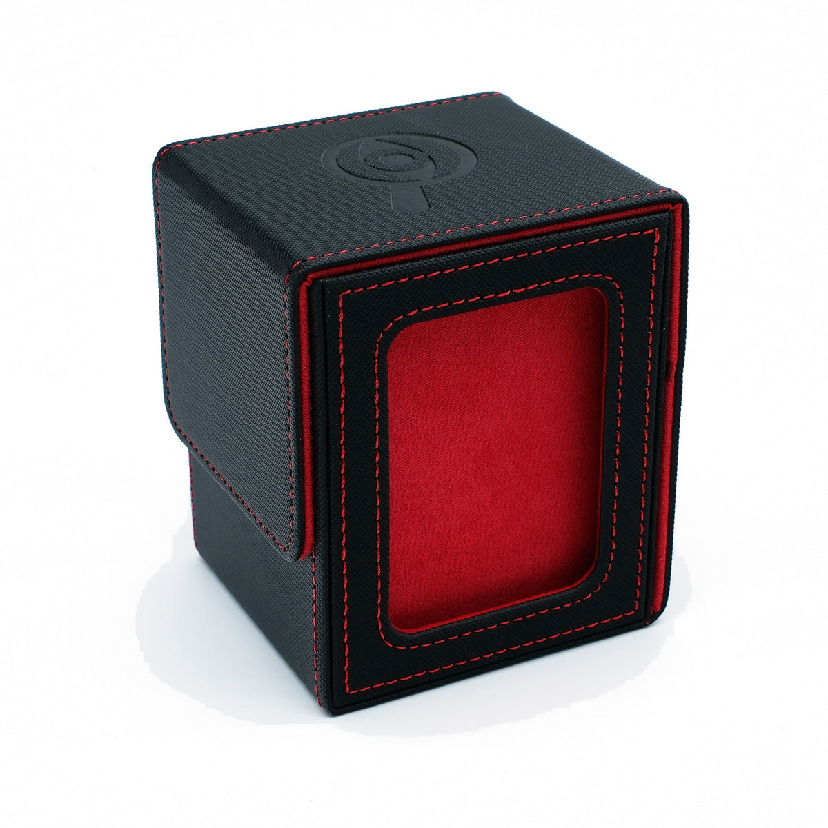 Black PU leather deck box with red fabric lining and top loader display window