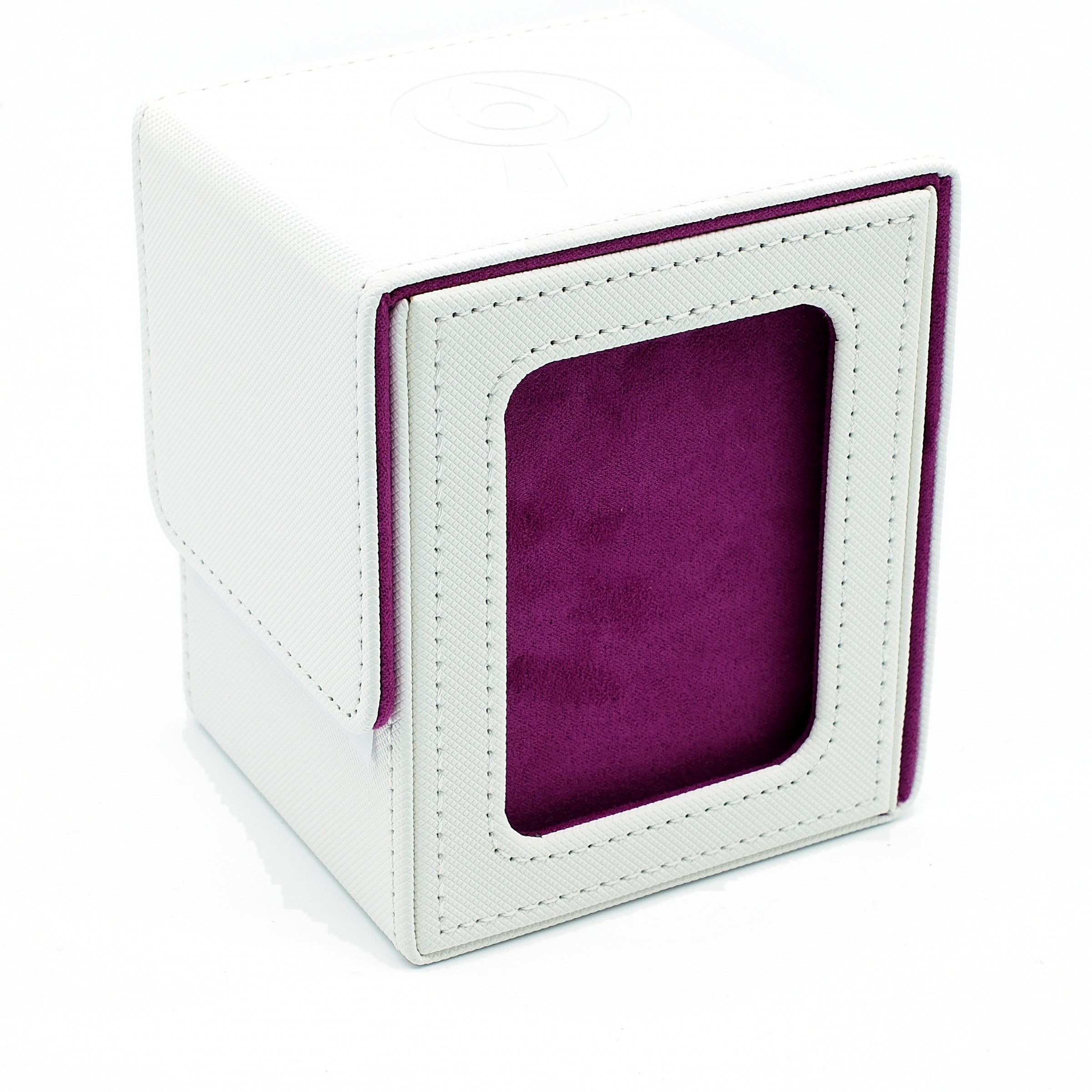 White PU leather deck box with purple fabric lining and top loader display window