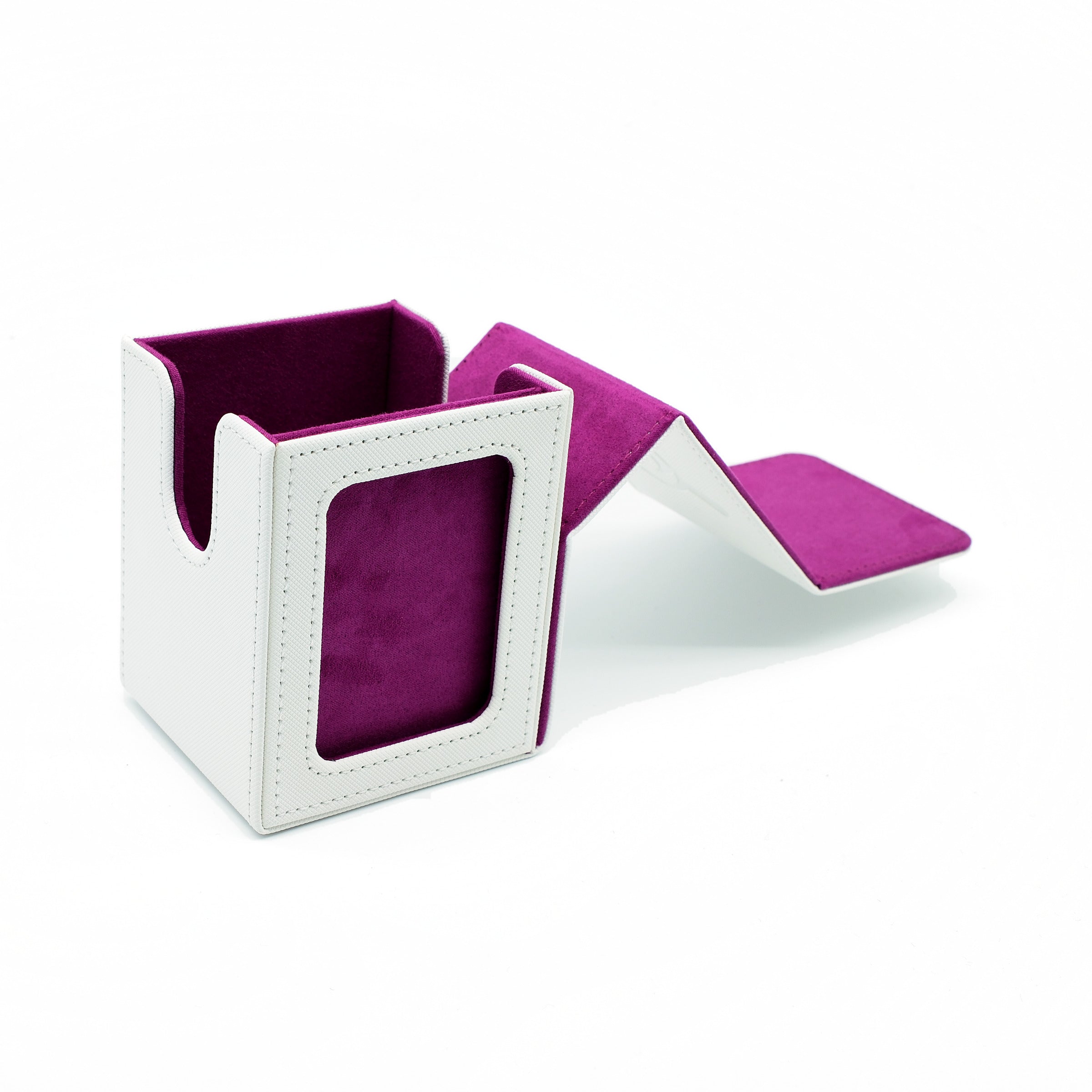White and purple deck box open, showing the purple interior and magnetic flap