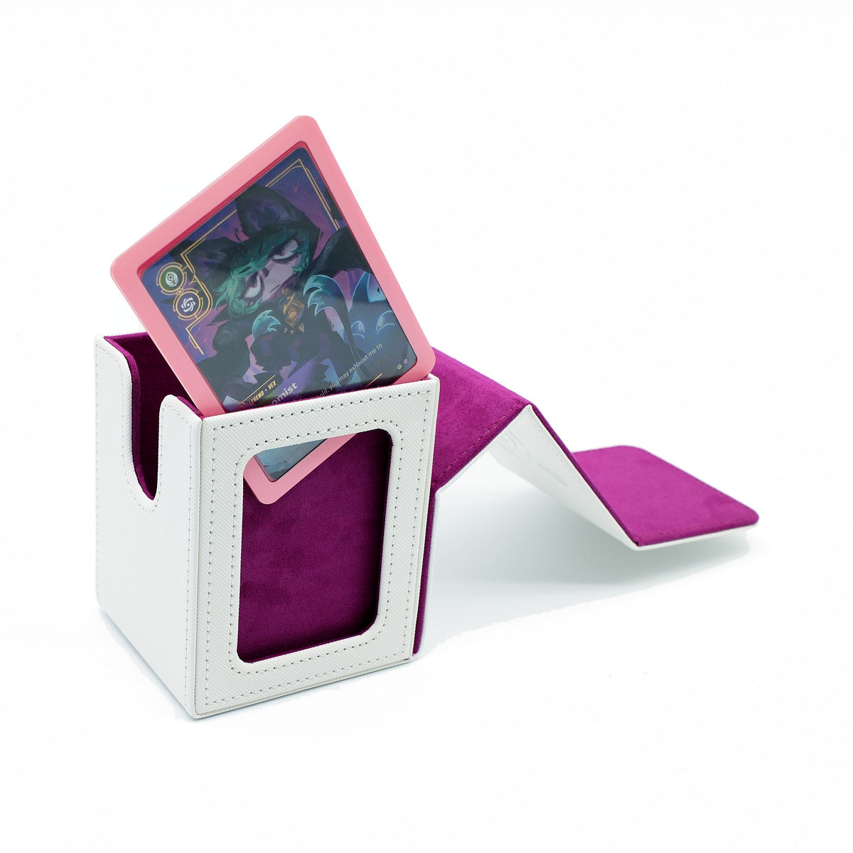 White and purple deck box holding a trading card, lid open