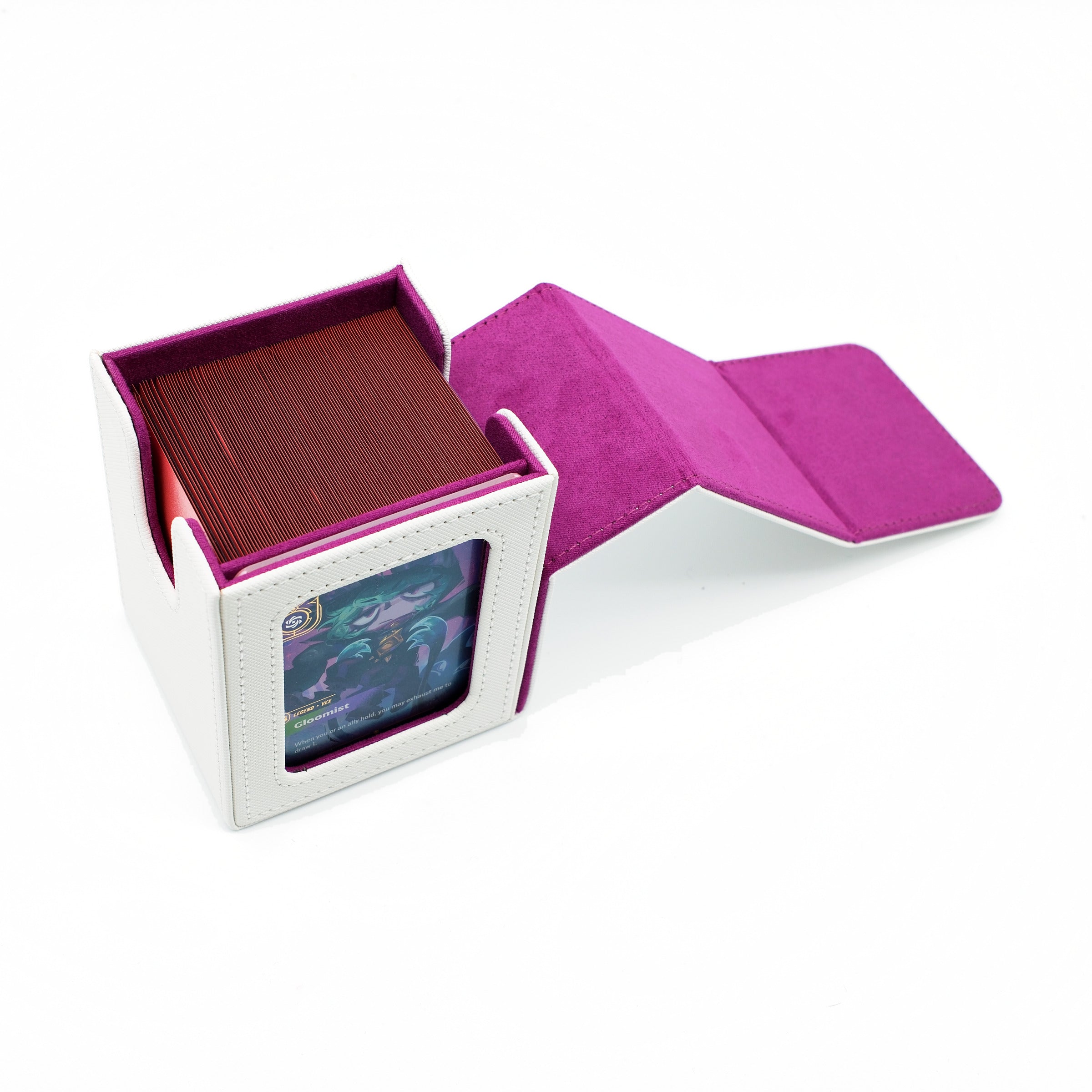 White and purple deck box with a commander card displayed in the front window