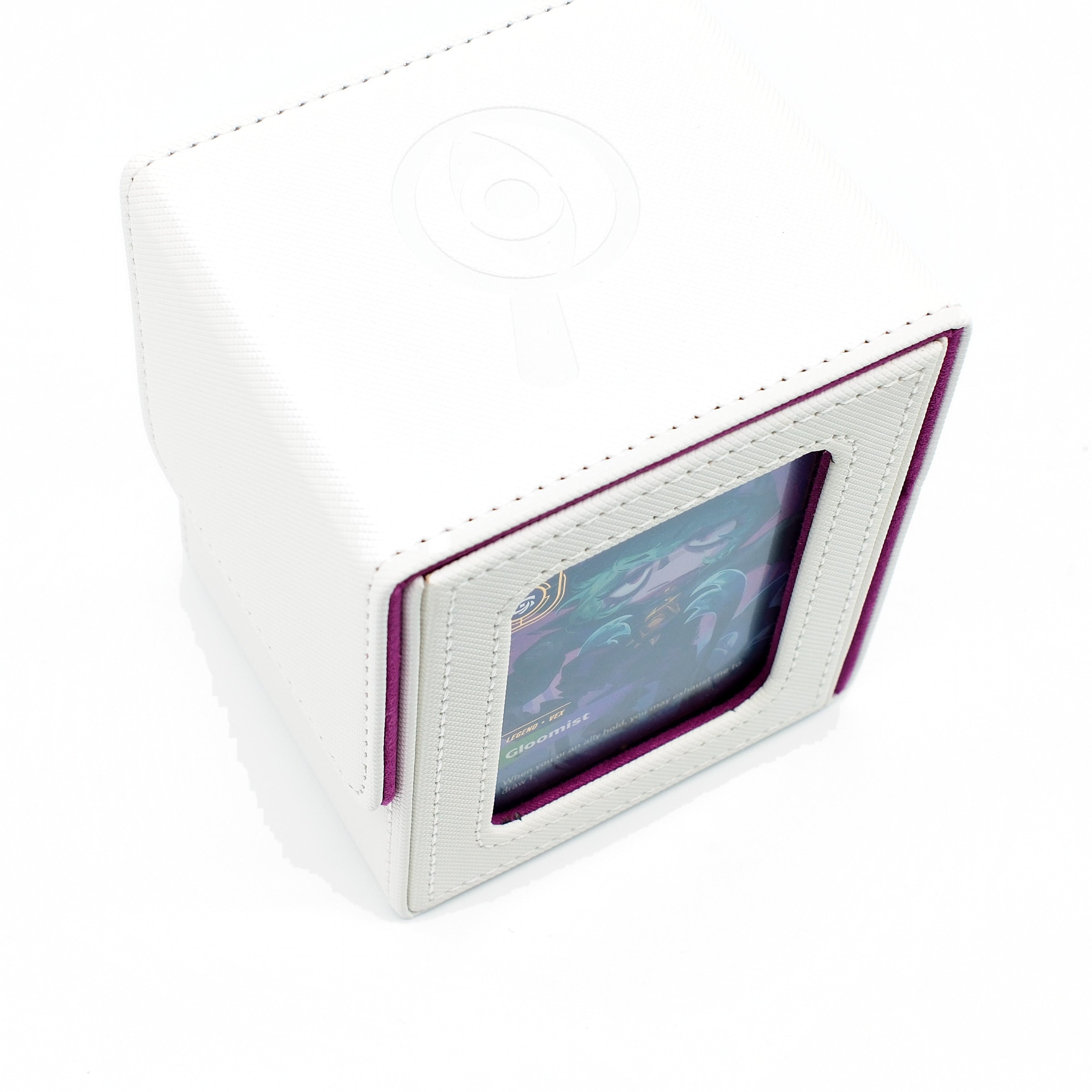 White and purple deck box shown at an angle, closed