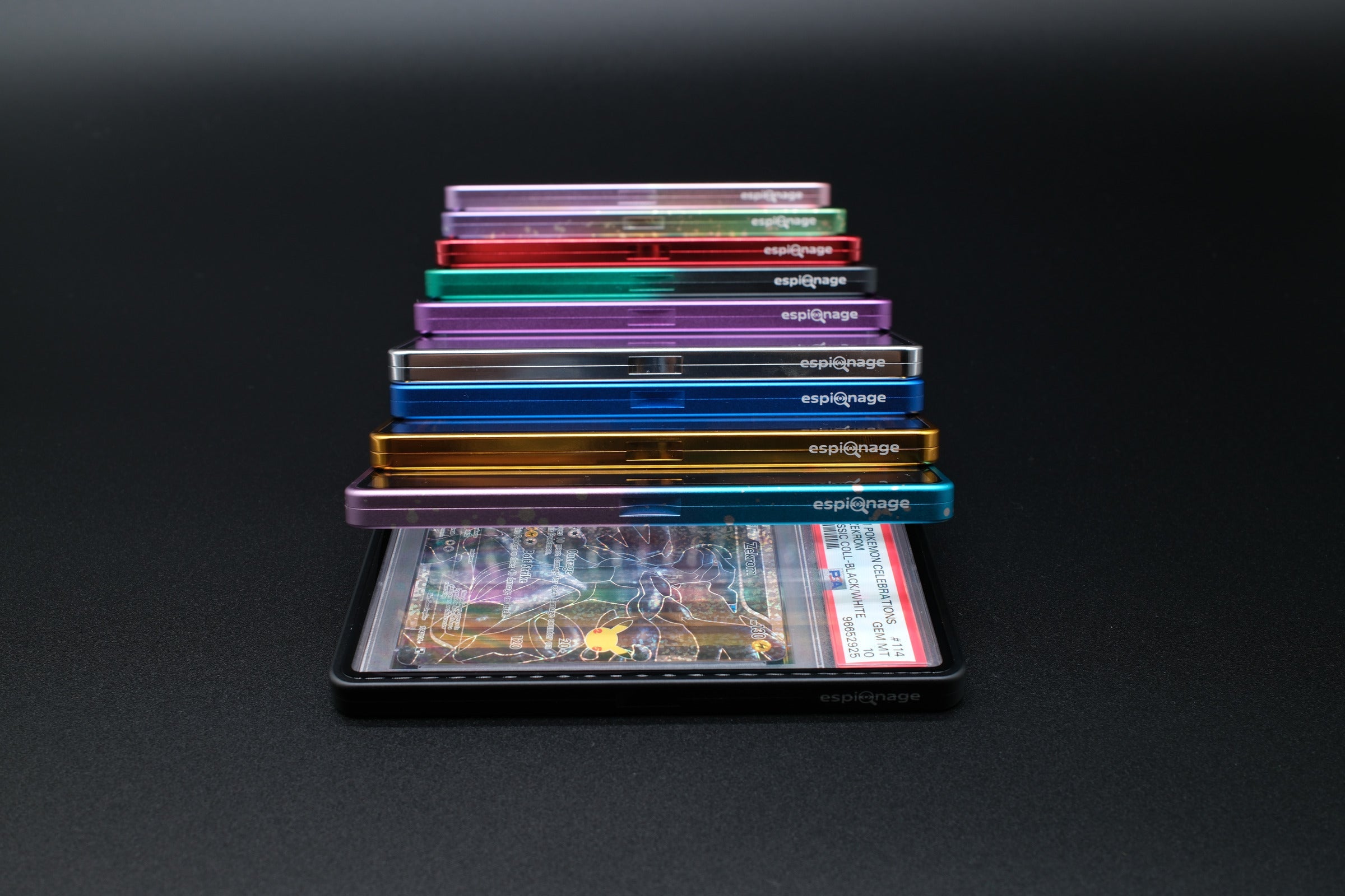 Aluminium slab guard colour range shown edge on with a graded card