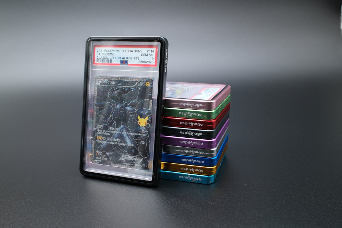 Black Aluminium Slab Guard holding a PSA graded Pokemon card