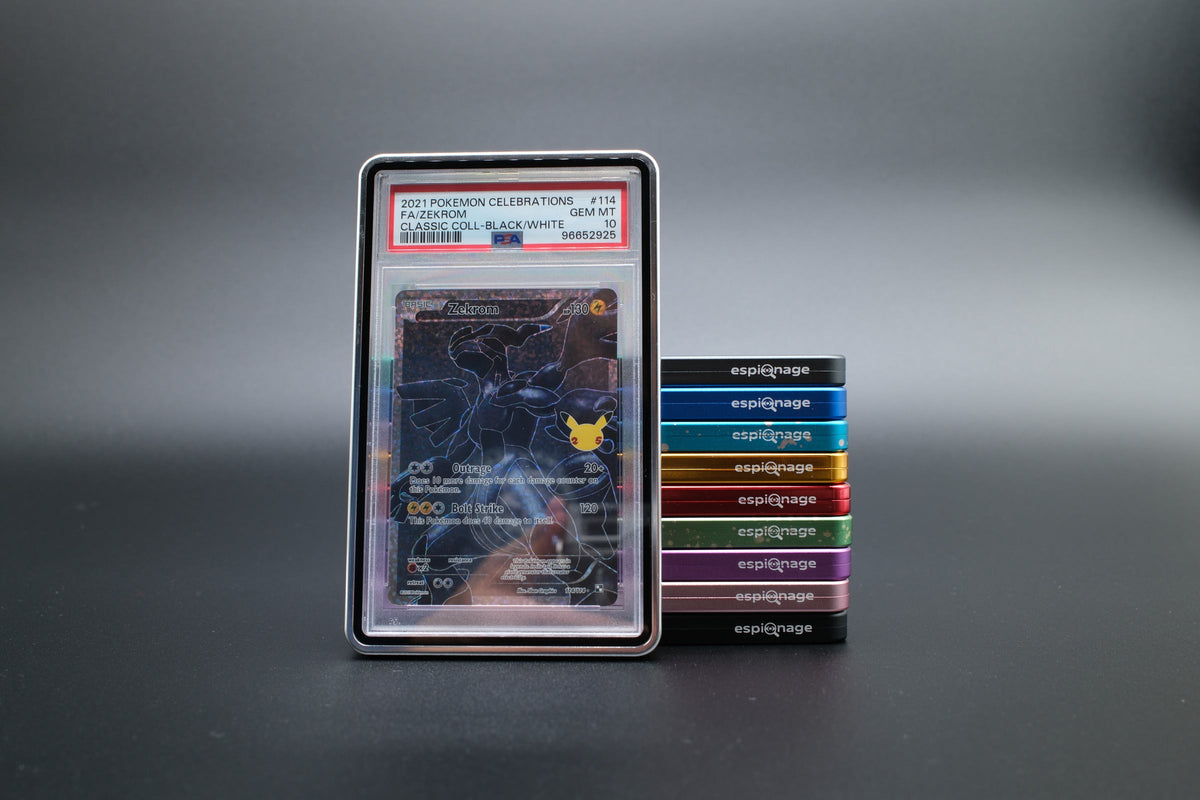 Chrome Aluminium Slab Guard holding a PSA graded Pokemon card
