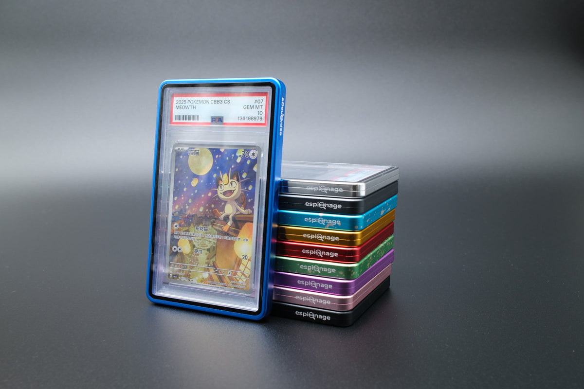 Cobalt Aluminium Slab Guard holding a PSA graded Pokemon card