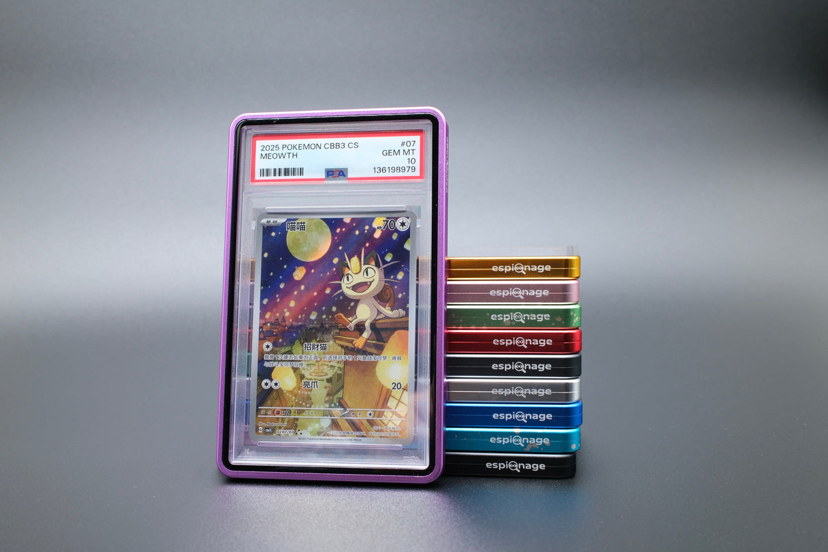 Purple Aluminium Slab Guard holding a PSA graded Pokemon card