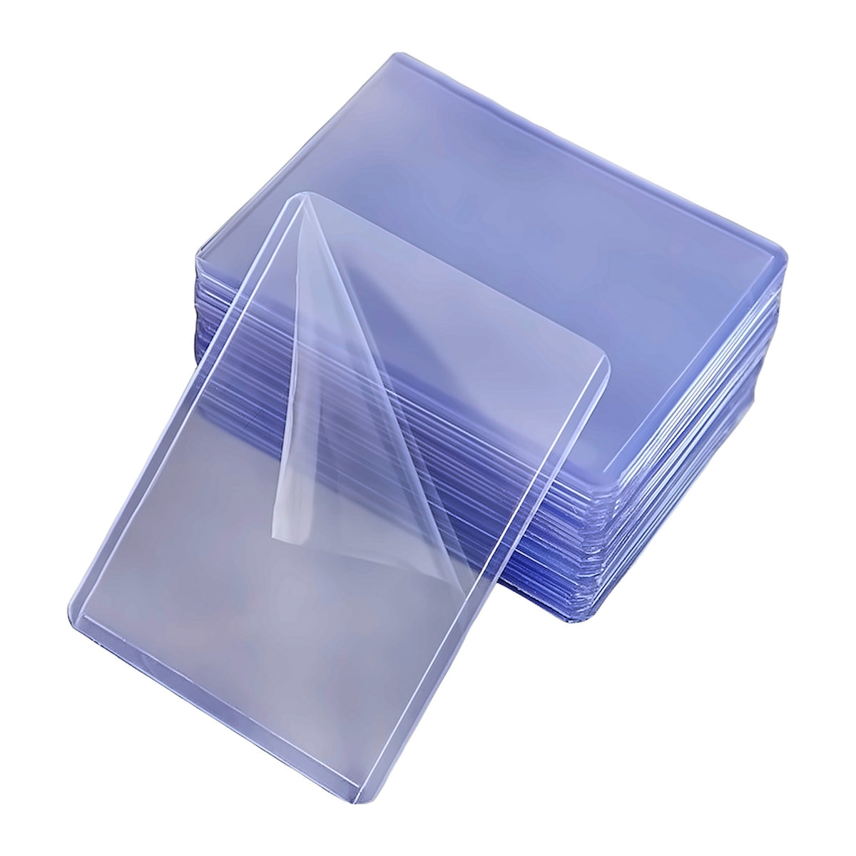 Stack of clear rigid 35pt top loaders with peel-off protective film, 25-pack