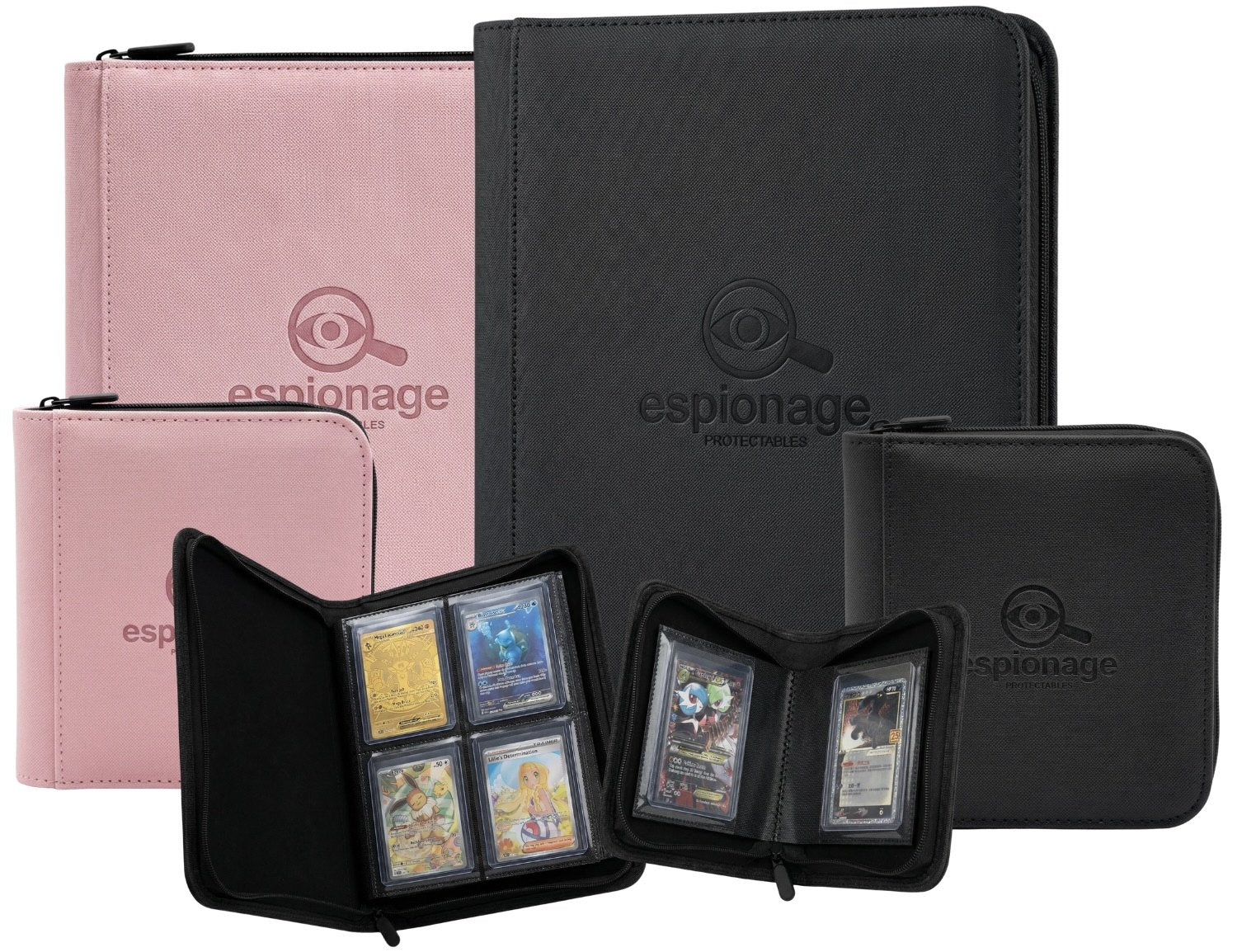 Espionage Protectables binder range — 4 Pocket and Mini 1 Pocket binders in black and pink, shown open with protected cards